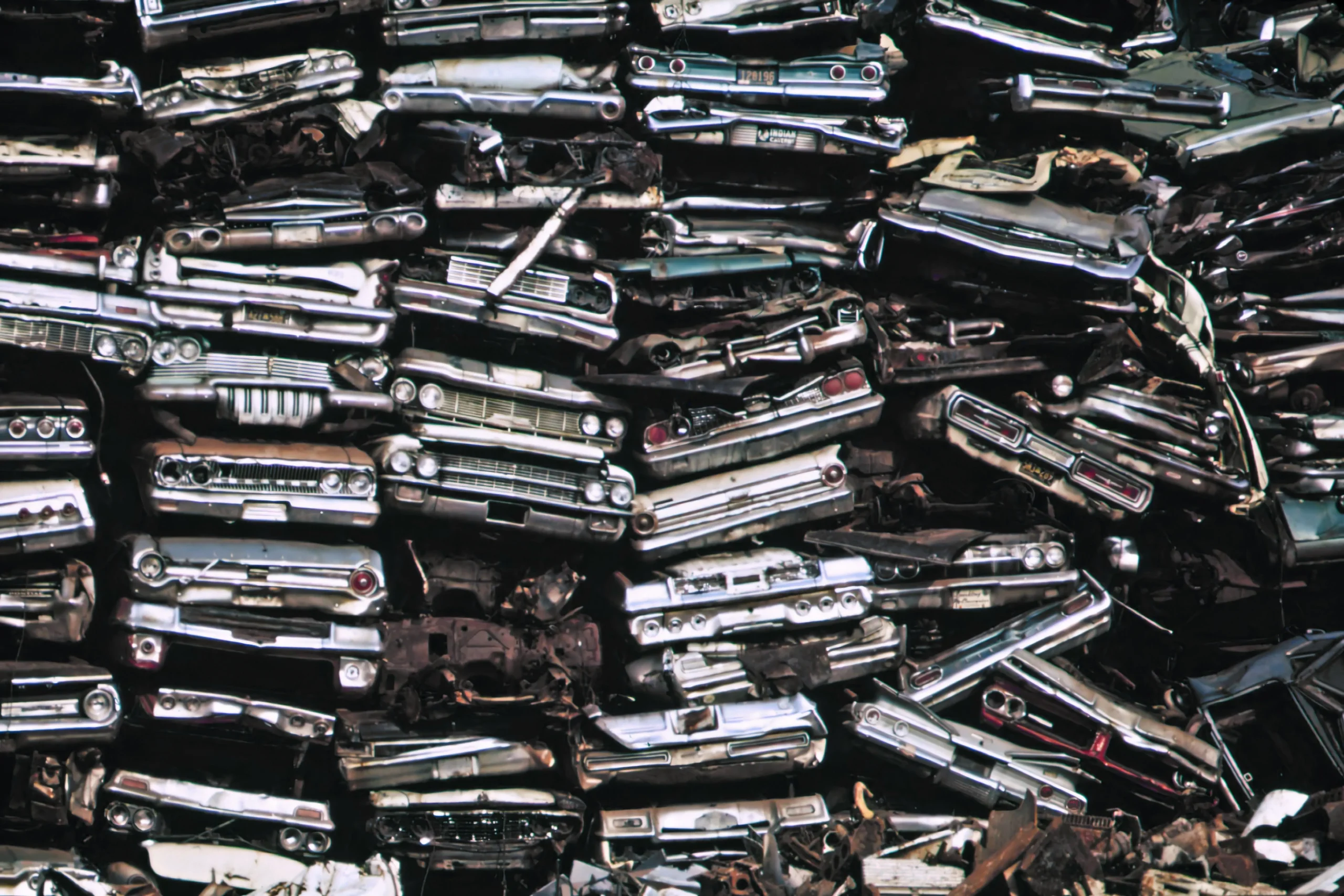 Front view of stacked junk cars arranged on top of each other.